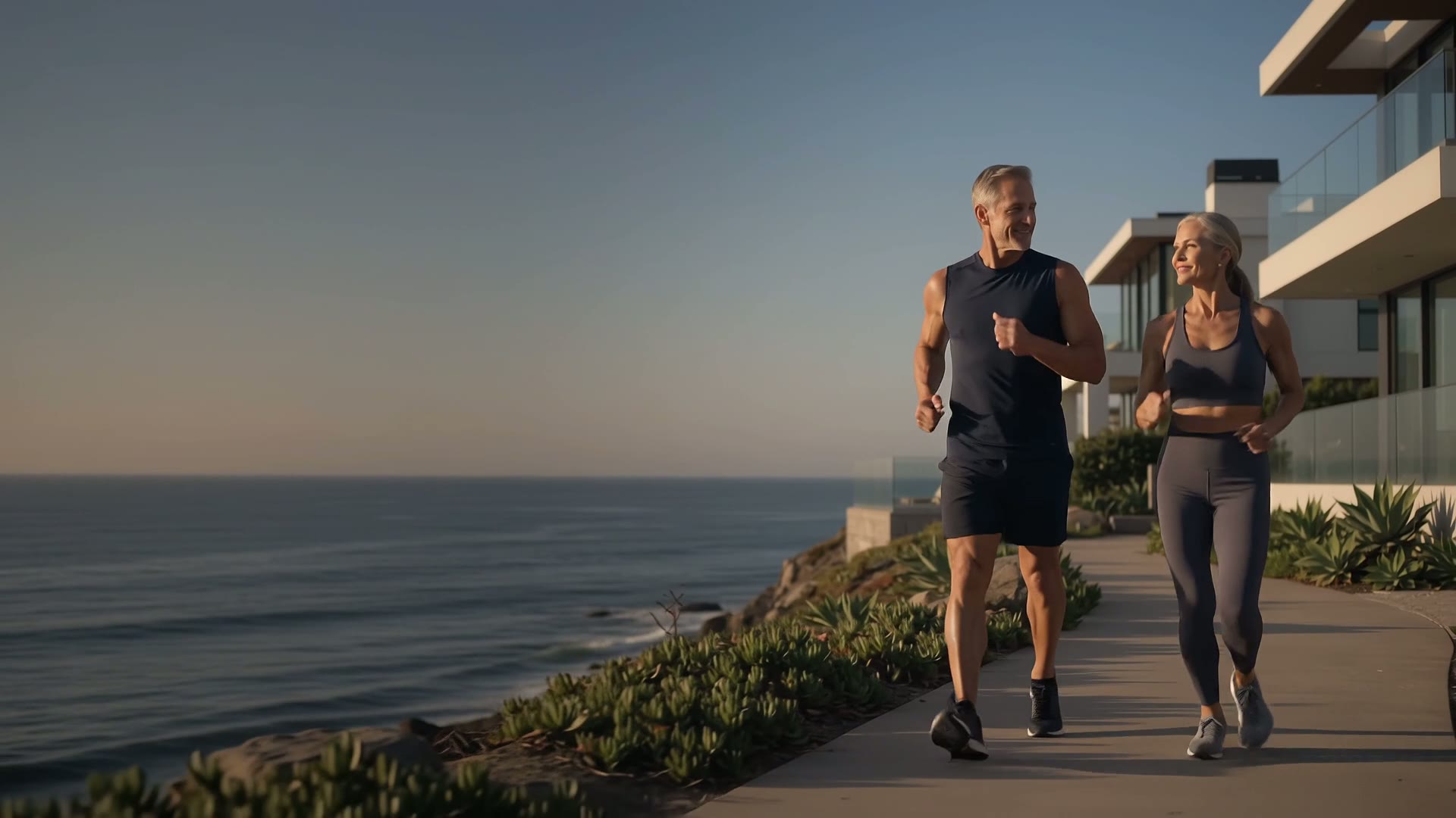 Active couple running together on a coastal trail