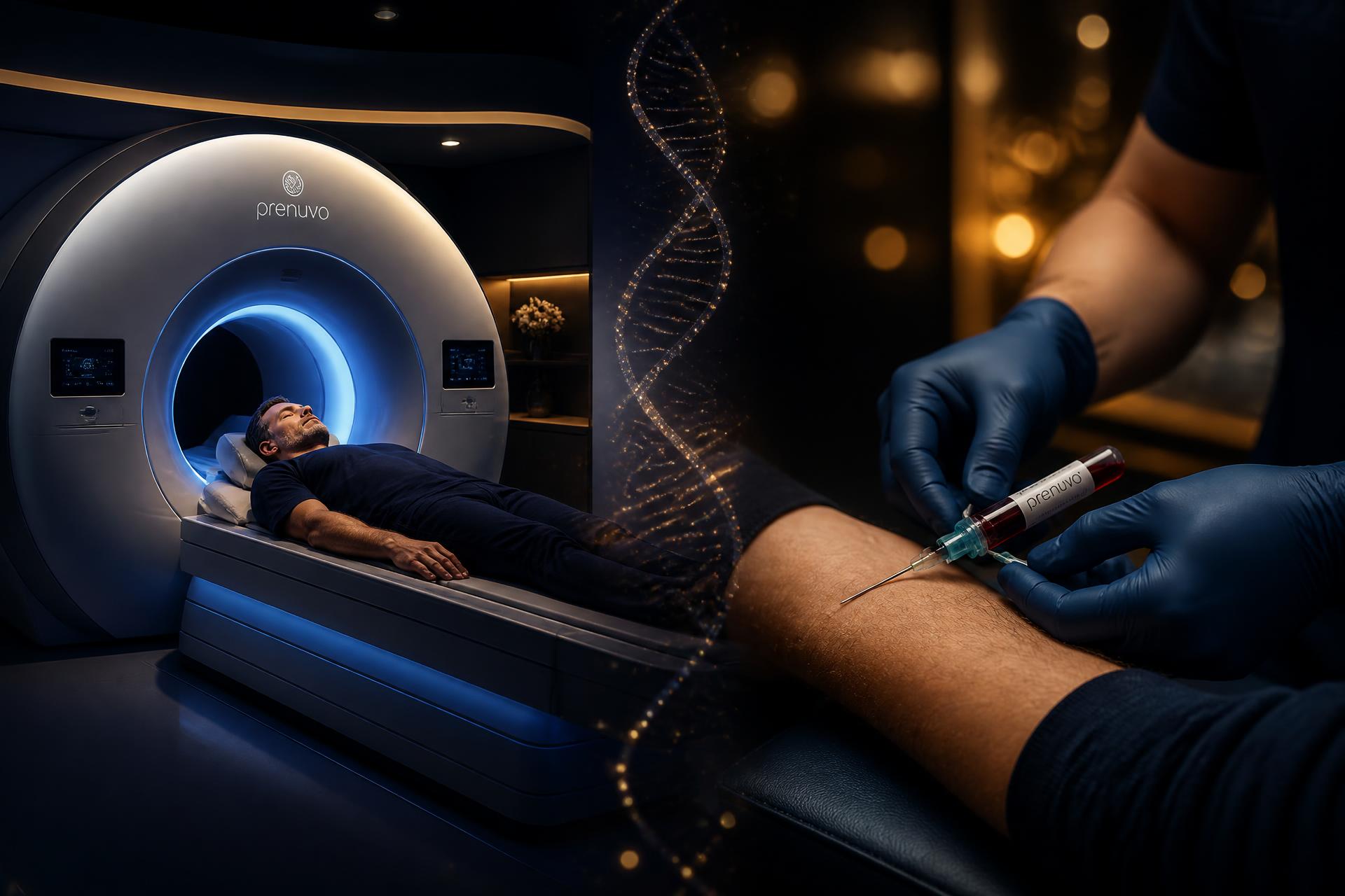 Patient entering a Prenuvo full-body MRI scanner alongside a multi-cancer liquid biopsy blood draw