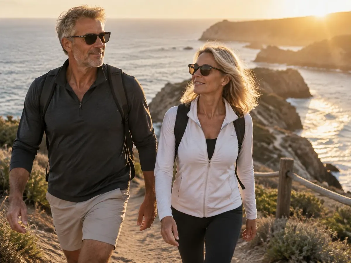 Fit couple in their late fifties walking a coastal trail at golden hour