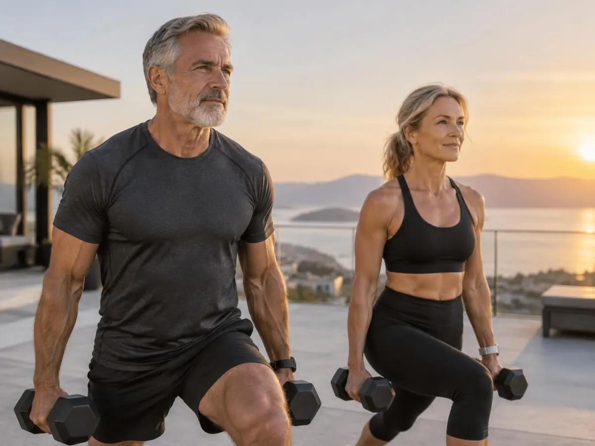 Athletic man and woman in their fifties training outdoors at sunrise