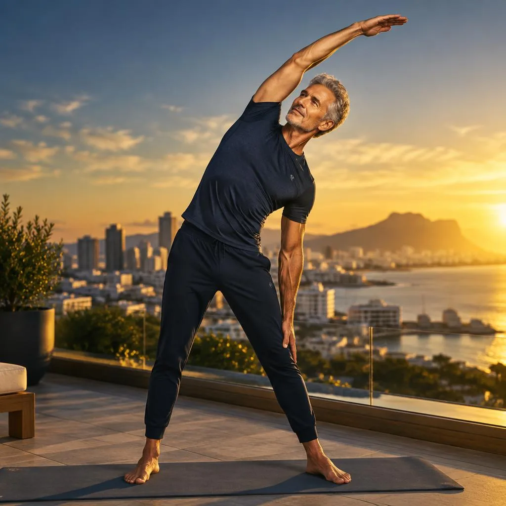 Fit man in his late fifties practicing a standing yoga stretch on a rooftop terrace at golden hour