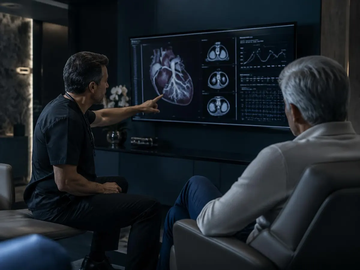 Physician reviewing cardiovascular imaging with a patient in a modern clinic
