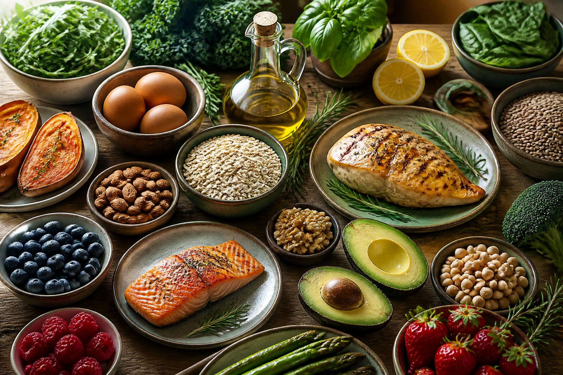 Rustic wooden kitchen table arranged with salmon, grilled chicken, avocado, olive oil, eggs, oats, sweet potato, nuts, lentils, chickpeas, broccoli, asparagus, leafy greens, berries and lemon